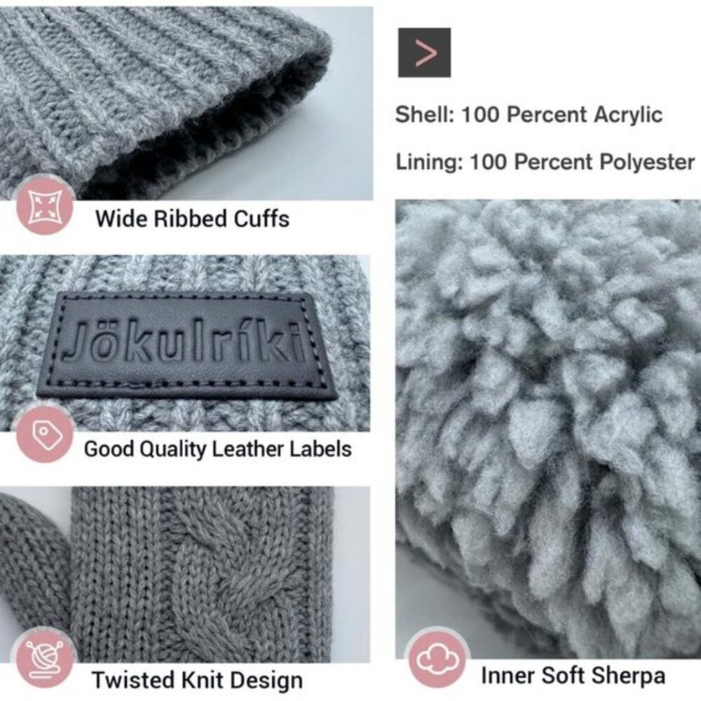 🆕Women Gray Touchscreen Sherpa Lined Cold Weather Chunky Cable Knit Mittens - Picture 5 of 8